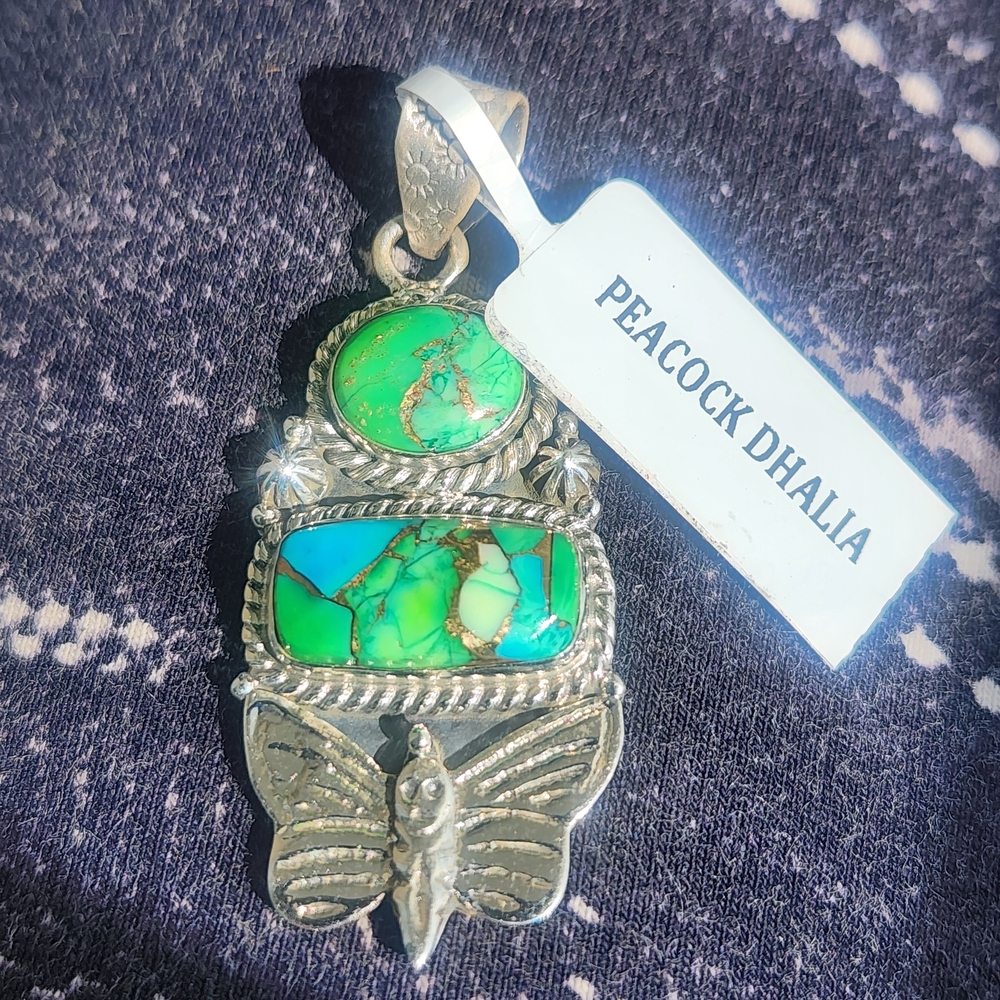 Artisan Pendant Sterling Silver Butterfly Peacock Dhalia Gemstones Bug Jewelry - Picture 4 of 7